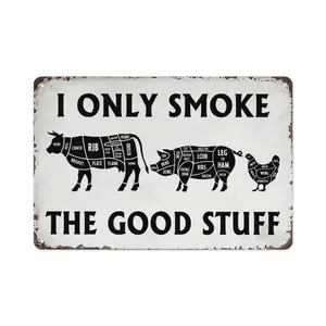 Vintage BBQ Metal Wall Sign "I Only Smoke Good Stuff" With Meat Cuts Chart - Rustic Butcher Shop Decor For Kitchen, Yard, Patio - 8x12 Inch Art Deco Metal Poster, Kitchen Decoration, Distressed Finish