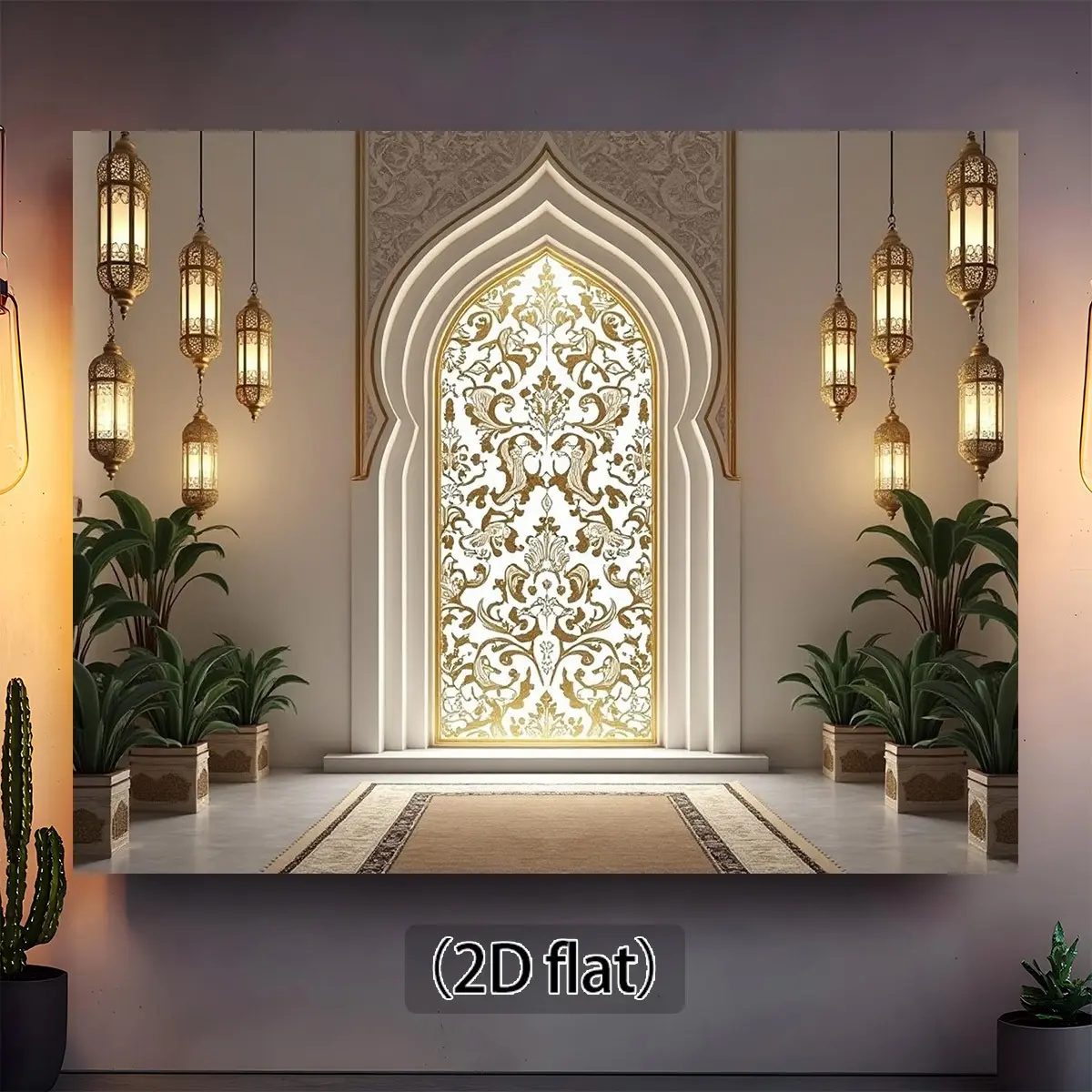 1pc Islamic Muslim 2D Flat Window Banner Tapestry - Gold-Tone Ethnic Damascus Print Ornamental Artwork, Arch Backdrop Wall Decor, 1-Piece No-Electricity Indoor/Outdoor Fabric for Islamic Wedding Party