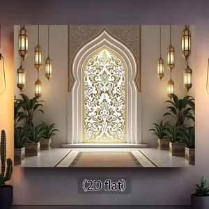 1pc Islamic Arabic 2D Flat Window Banner Tapestry - Gold-Tone Ornamental, Damascus Style, Artistic, Artwork Print, Arch Backdrop - No Electricity Needed Home Decor for Islamic Wedding Party - Indoor/Outdoor Fabric, Arch Backdrop Tapestries, Gold-Tone Orna