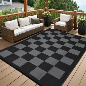 Garvee 8x10 Checkered Outdoor Rug, Modern Thin Carpet, Waterproof and Weather-Resistant, Long-Lasting and Easy to Clean, Versatile for Patio, Porch, Balcony, Backyard, Picnic, Camping - Black/Gray