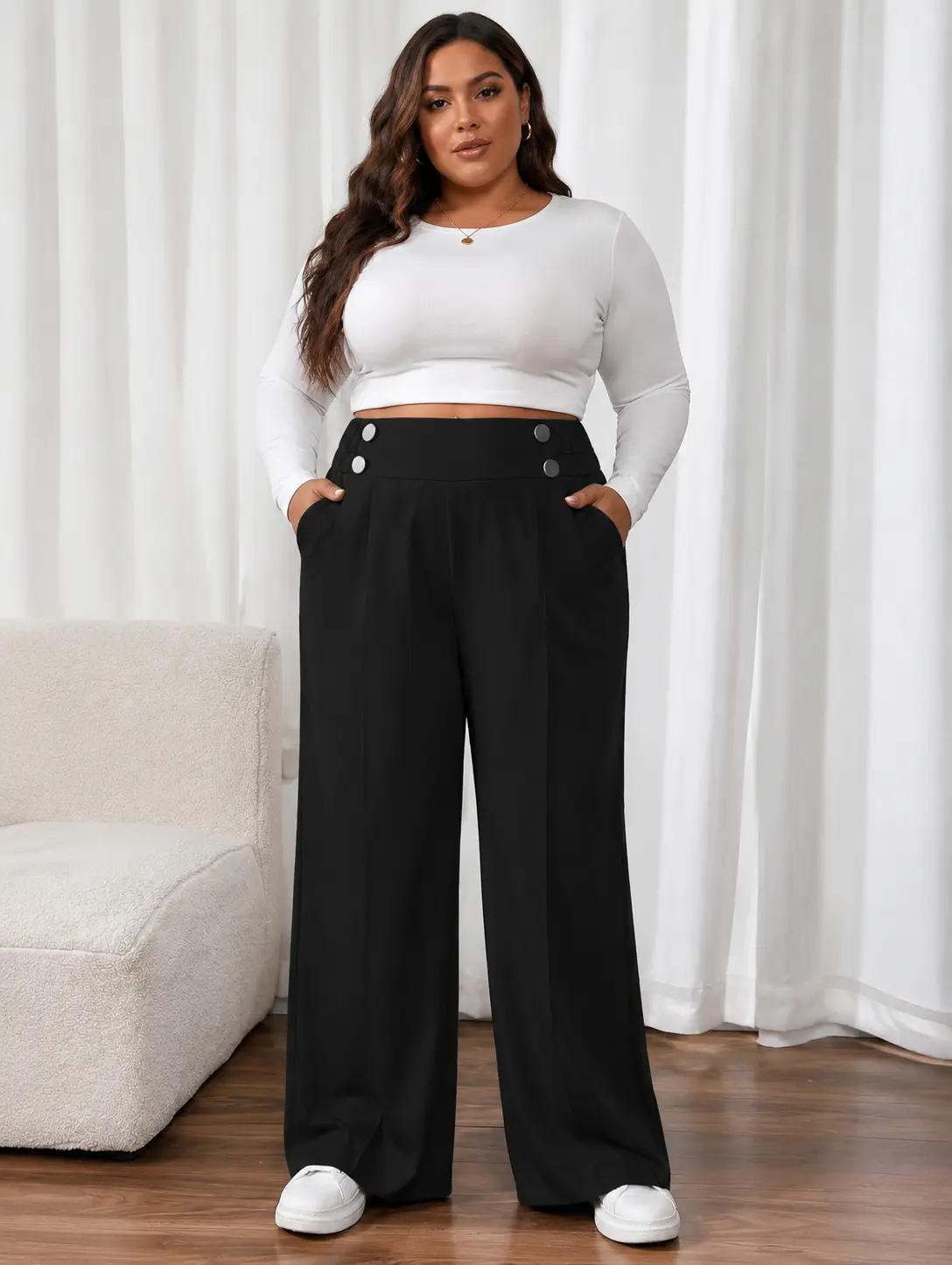 Elengatine Women's Soft High-Waist Wide-Leg Pants - Double-Button, Front Pleated, Side Elastic Waist, Pockets, Ultra Loose, Breathable Fabric, for Crop Top Pairing & Work (Black), Baggy, Bottom