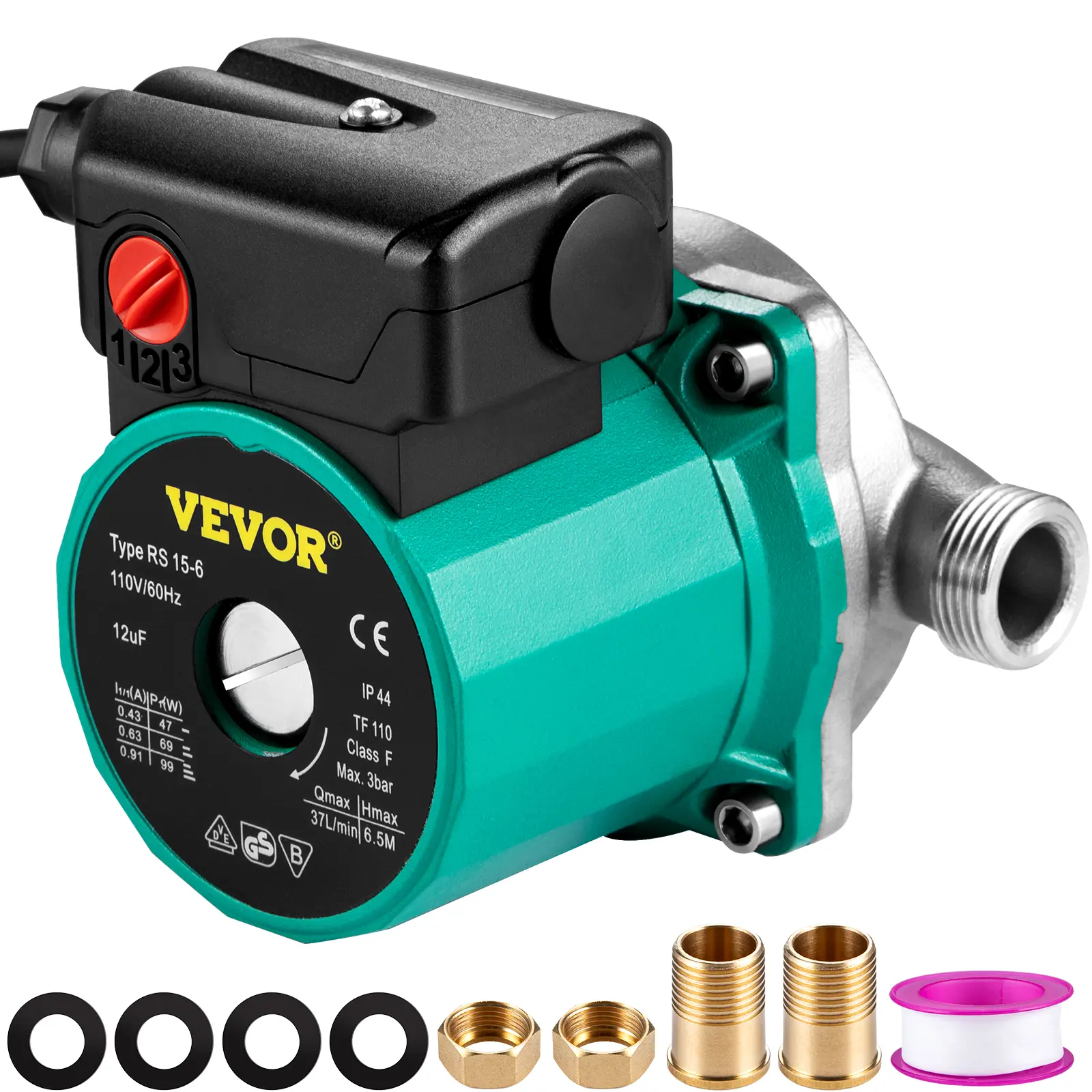 【Summerfinds】VEVOR Hot Water Recirculating Pump 93W 110V Water Circulator PumpAutomatic Start Circulating Pump NPT 3/4\" with Brass FittingsStainless Steel Head3 Speed Control for Electric Water Heater Syst
