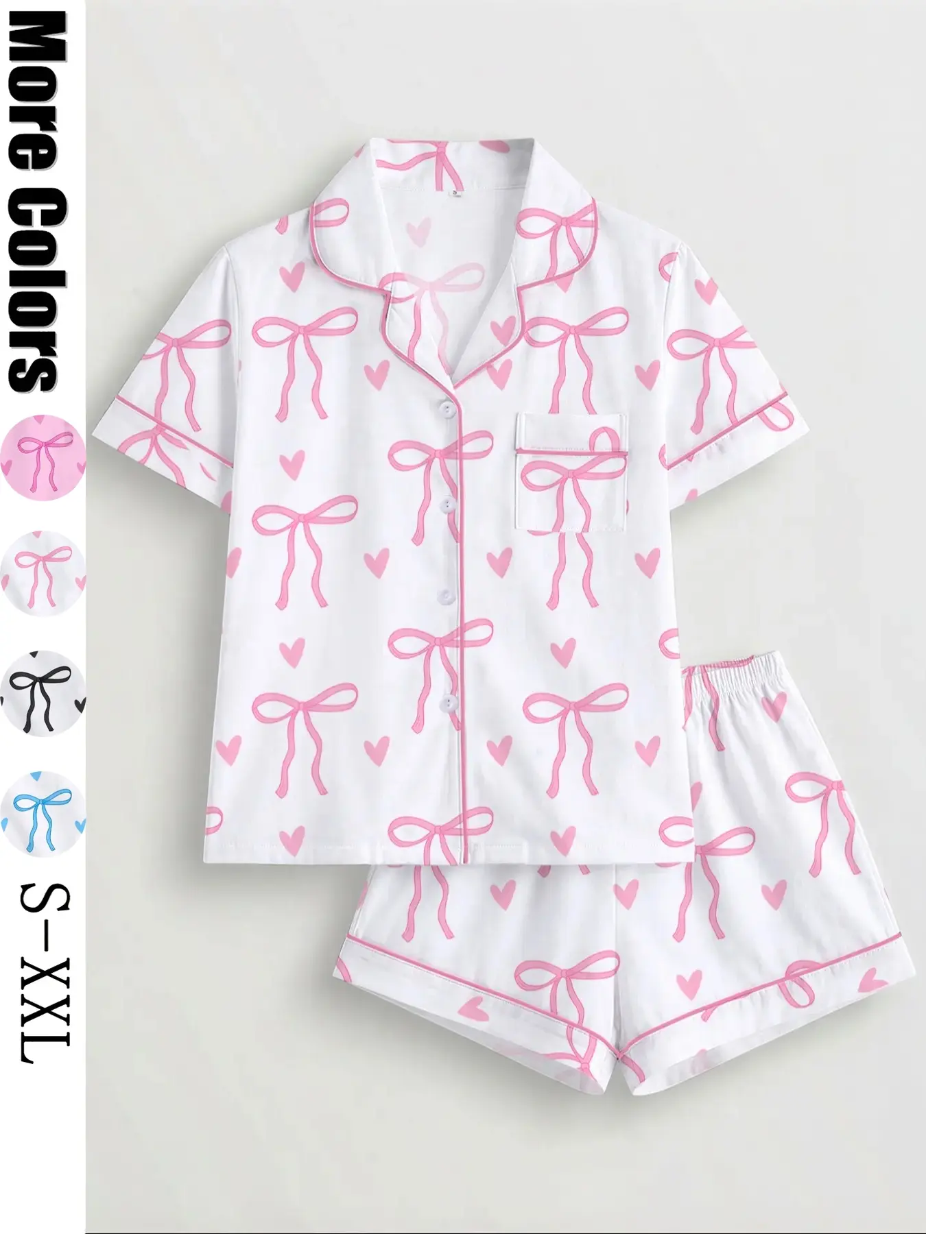 Women's Bowknot Printed Sleepwear Set Pyjamas, Comfortable Lapel Button Short Sleeve Top & Loose Elastic Shorts, Casual Home Wear Loungewear, Pajama Set