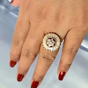 Gold Tone adjustable Finger Ring for Women with Elegant Design and Sparkling Center Stone