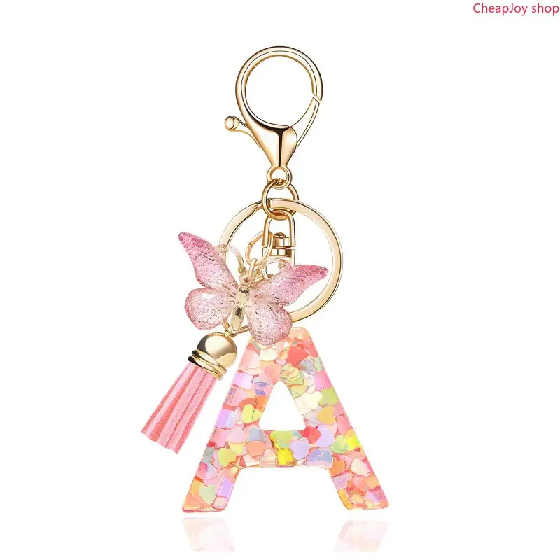 Pink Sequin Resin Letter Keychain, 26 alphabet charms with butterfly tassel design, sparkling stylish accessory, exquisite bag pendant, popular cute ornament, perfect gift for girlfriend and best friends