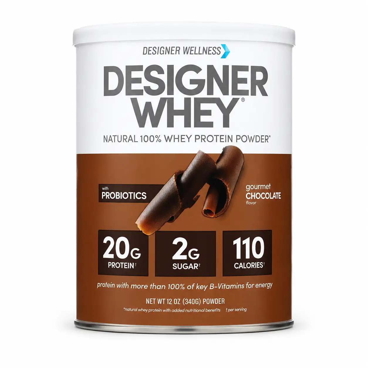 Designer Whey Protein Powder - Gourmet Chocolate Flavor, Natural Premium Whey Protein Concentrate, Reduced Sugar, 12 oz Single Canister, 100 Calories per Serving, for Adults, a Good Source of Nutrients, Aids Faster Recovery (Pack of 1)