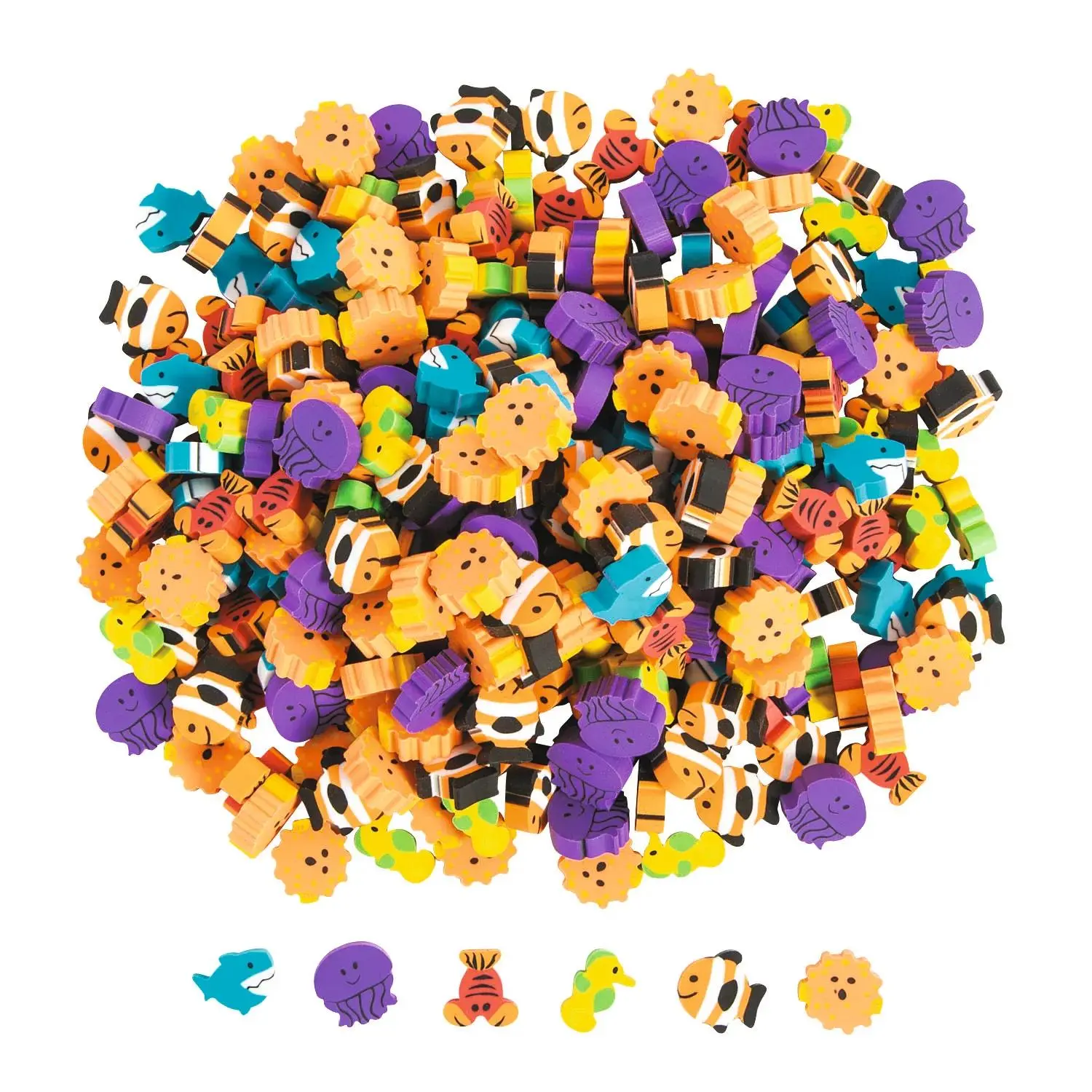 3/4" Bulk 300 Pc. Sea Life Animal Multicolor Rubber Eraser Assortment