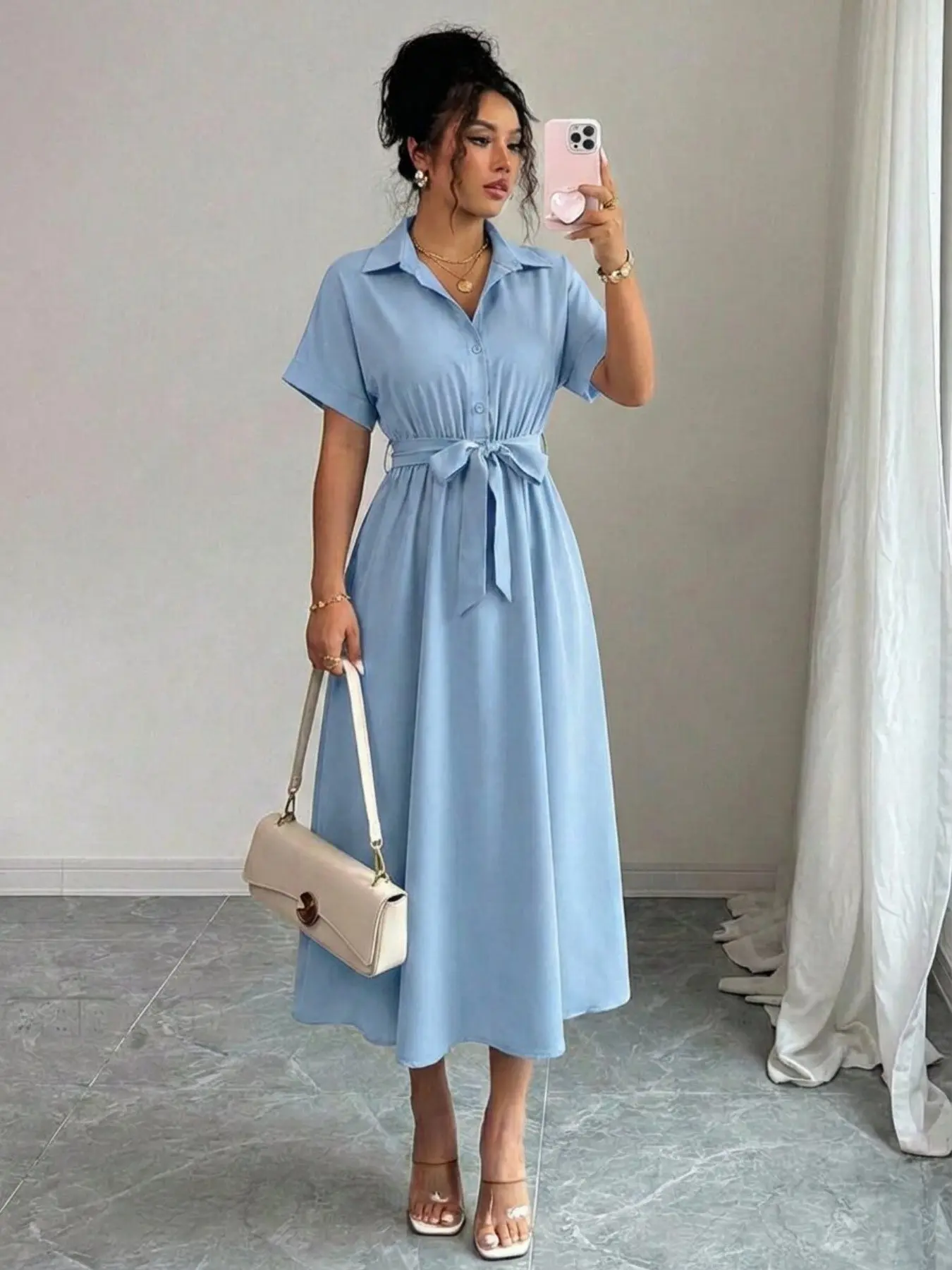 Women's Short-Sleeve Lapel Shirt Dress, Casual Loose Pleated Dress with Tie Waist, Mid-Length, Solid Color Summer Dress, Fashion Clothing