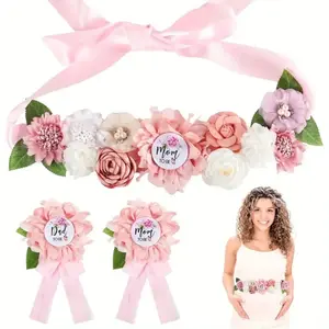 3pcs Pink Shower Sash and Pin Set - Maternity Belt with Flower Design, Mommy and Daddy To Be Badges, Perfect for Gender Reveal Parties, Weddings, and Showers, Wedding Accessories|Floral Sash Design|Ribbon Accents, Shower Decorations