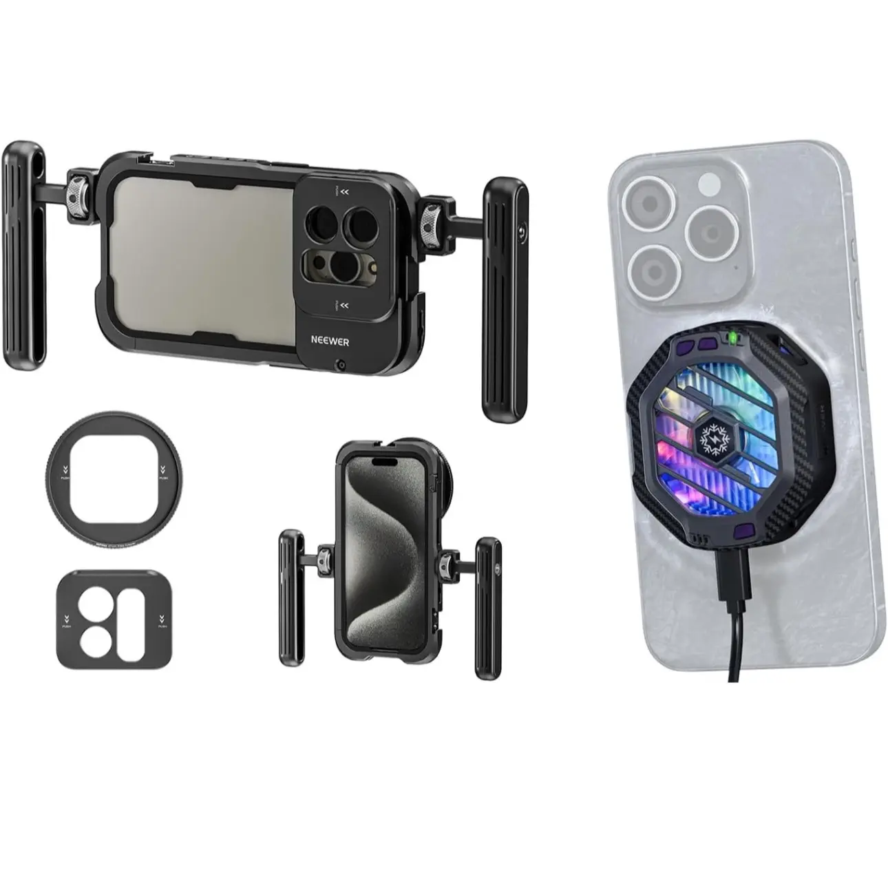 NEEWER 15 Pro Max Phone Cage Video Rig with Dual Handles, Phone Cooler Magnetic Wireless Charger, Compatible with iPhone 15 Pro Max, Metal 67mm Filter Adapter, 17mm Lens Backplane, PA024K + PA060