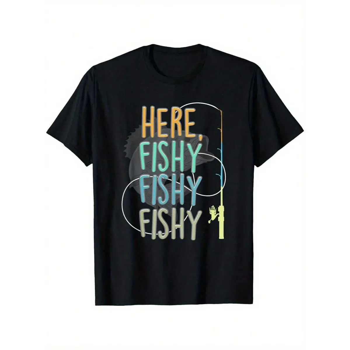Here Fishy Fisherman Fishing Rod Fish Fishing IRON-ON Printed T-Shirt For Boy Girl, Soft Fabric, Breathable Short Sleeve Tees