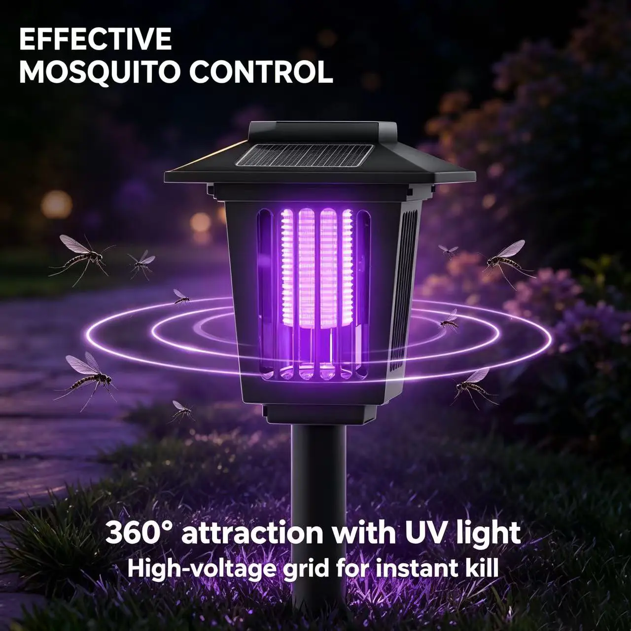 Solar-Powered Outdoor Bug Zapper, UV LED Mosquito Killer Lamp with Dual Lighting Modes, Garden Stake Light for Patio, Yard, Lawn and Pathway