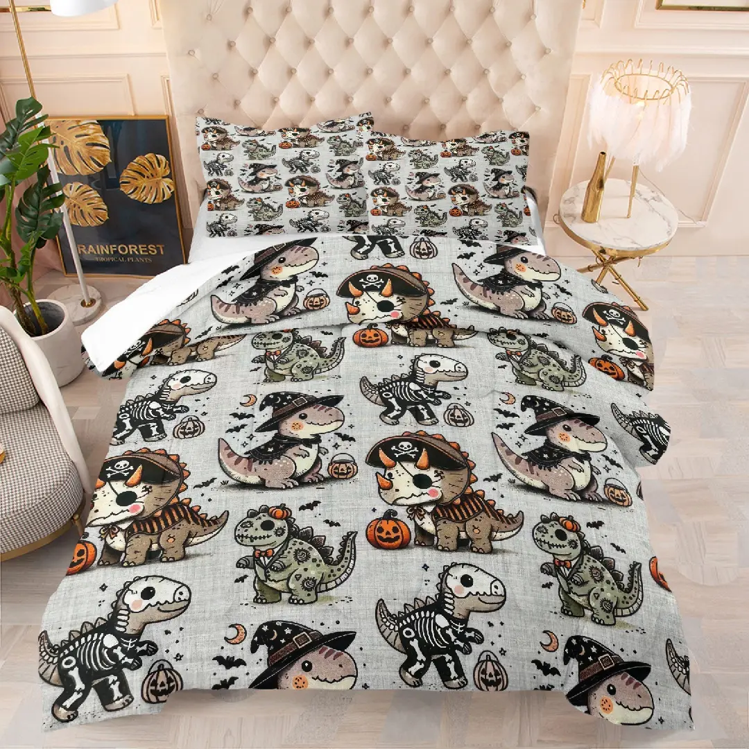 Halloween dinosaur pattern quilt, including 1 quilt and 1 or 2 core-free pillowcases, suitable for home or dormitory decoration, very suitable as a moving gift