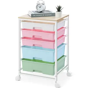 Cart with 5 Drawers,Storage Drawer Cart with Wooden Tabletop and Lockable Wheels,Craft Storage Trolley Cart,5-Tier Rolling Utility Cart on Wheels,Rainbow