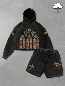 Men's Gothic Stained Glass Window Washed Hoodie & Shorts Set, Vintage Streetwear Fashion, Comfortable Casual, Perfect for Daily Wear
