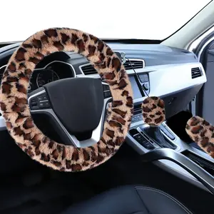 Fuzzy  Steering Wheel Cover, Universal Fit  Auto Wheel Cover & Handbrake Cover & Gear Shift Cover Set, Leopard Warm Fluffy  Wheel Protector  Accessories for Men Women (Brown)