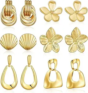 6 Pairs Chunky Gold Earrings For Women Trendy Statement Gold Plated Flower Shell Knot Dangle Earrings Lightweight Hypoallergenic Fashion Jewelry Set