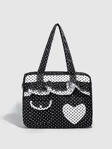 Cute and sweet style atmosphere wave point single shoulder tote bag, embellished with love patch fabric, ruffled details, small pocket with star buckle, large capacity inside, suitable for daily commuting and school