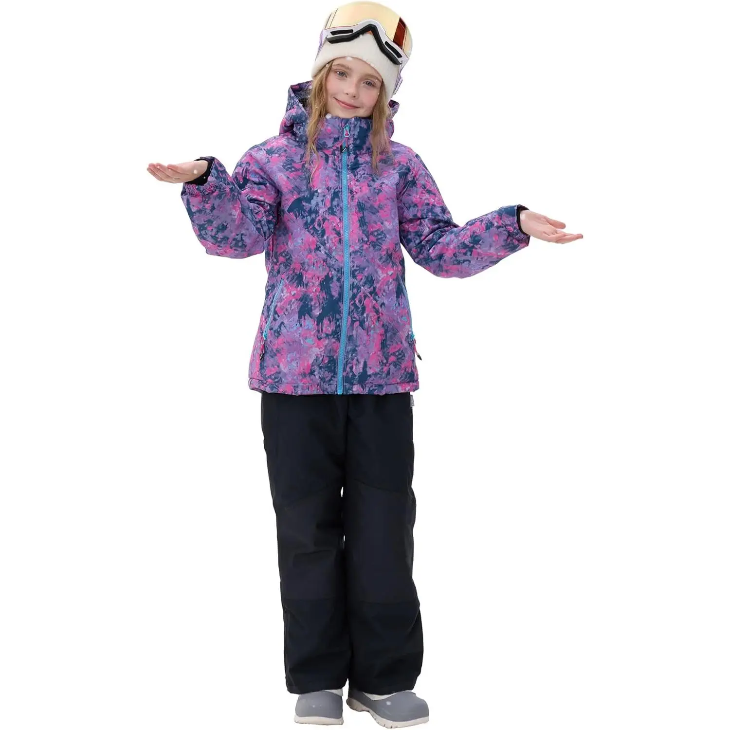 Girls Boys Ski Suit Kids Snowsuits Waterproof Snowboard Elastic Hood Jacket with Bib Pants, Windproof Winter Warmth