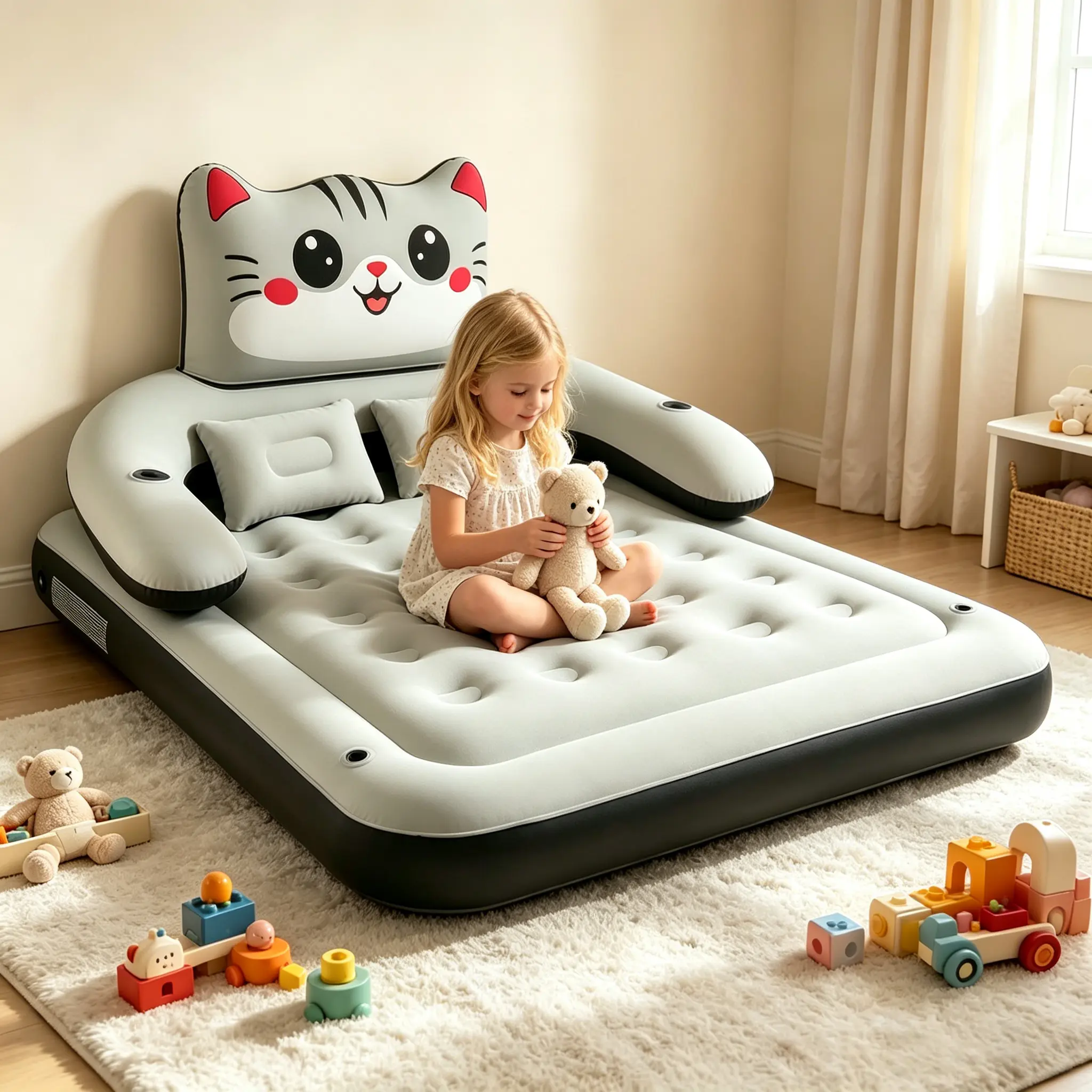 Cat Design Air Bed, Inflatable Lounger with Backrest, Pillows & Cup Holders, Durable Honeycomb Structure for Indoor & Outdoor Use, Durability, Comfortable Setup, Easy Storage, Portable Bed Solutions, Space-Saving, Honey Comb, Waterproof, Sturdy Constructi