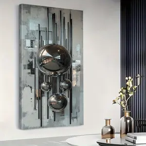 1pc Framed Metal Sphere Large Wall Art Decor, Abstract Background Vertical Artwork, 3D Decoration Canvas Print Wall Painting, Industrial Wind Posters, Reflective Effect Paintings, Silvery Tone Home Decor, Poster, Room Aesthetic, with Frame