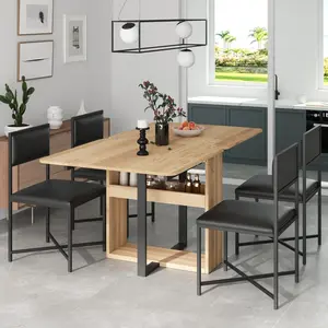 Dining Table Set 5-Piece Modern Compact 63inch Extendable Dining Table Set for 4, Foldable Square Kitchen Table Set with Storage Rack and 4 PU Leather Upholstered Dining Chairs for Small Places