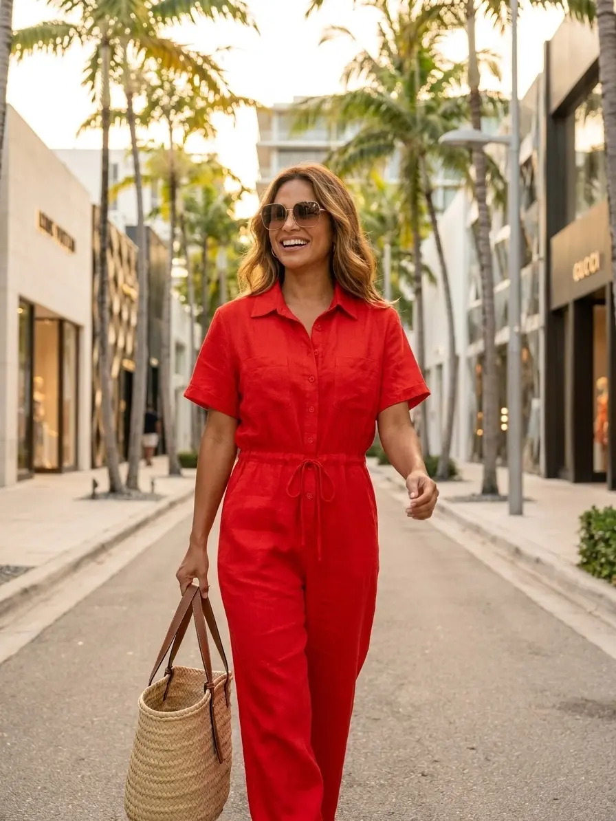 Italian Lady's 100% Linen Jumpsuit - 1 Size, Shortsleeve, Adjustable, Lightweight, Comfortable, Chic Minimalist, Breathable Fabric, Casual Everyday Summer Outfit with Accessories, Overalls