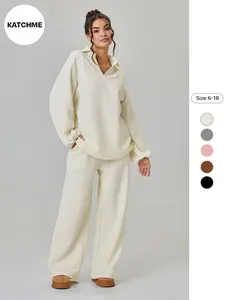 Women's Modest Fashion Loose Fit V-Neck Knit Sweater Set with Drawstring Waist Pants, Casual Plain Pattern, Fall & Winter