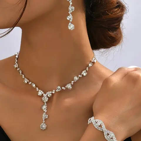 Women's Elegant Rhinestone Decorated Teardrop Matching Jewelry Set, Necklaces Earrings Set, Necklace And Earring Set, Exquisite Trendy Dangle Earrings & Pendant Necklace & Bracelet, Fashionable Jewellery Gift Set As Gift without Box