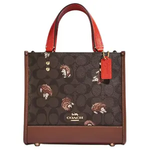 COACH Dempsey 22 Tote Bag for Women – Animal Badge Hedgehog Print, Full-Grain Leather, Vertical Style, Brown