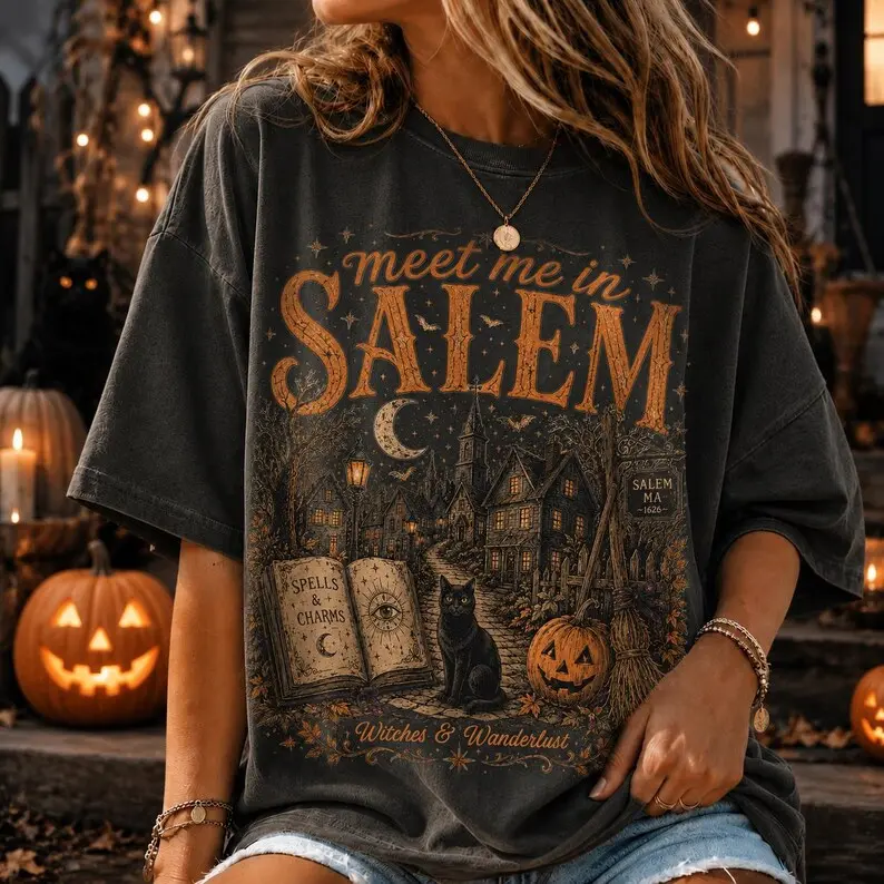 Comfort Colors Meet Me in Salem Halloween Shirt, Salem Witch Graphic Tee, Haunted Town Vintage T-Shirt, Witchy Fall Aesthetic, Dark Cottagecore Apparel