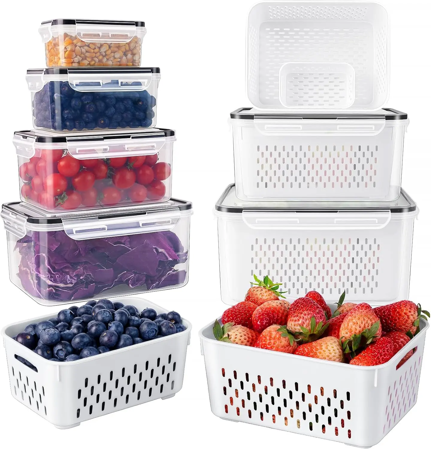 6-Pack Meal Prep Set, BPA-Free Durable Plastic 4-in-1 Food Storage Containers with Removable Colanders, Leakproof Lids, Stackable Containers, Microwave-Safe Prep Meals Tool, Maintains Freshness for Salad, Berry, Fridge Organization