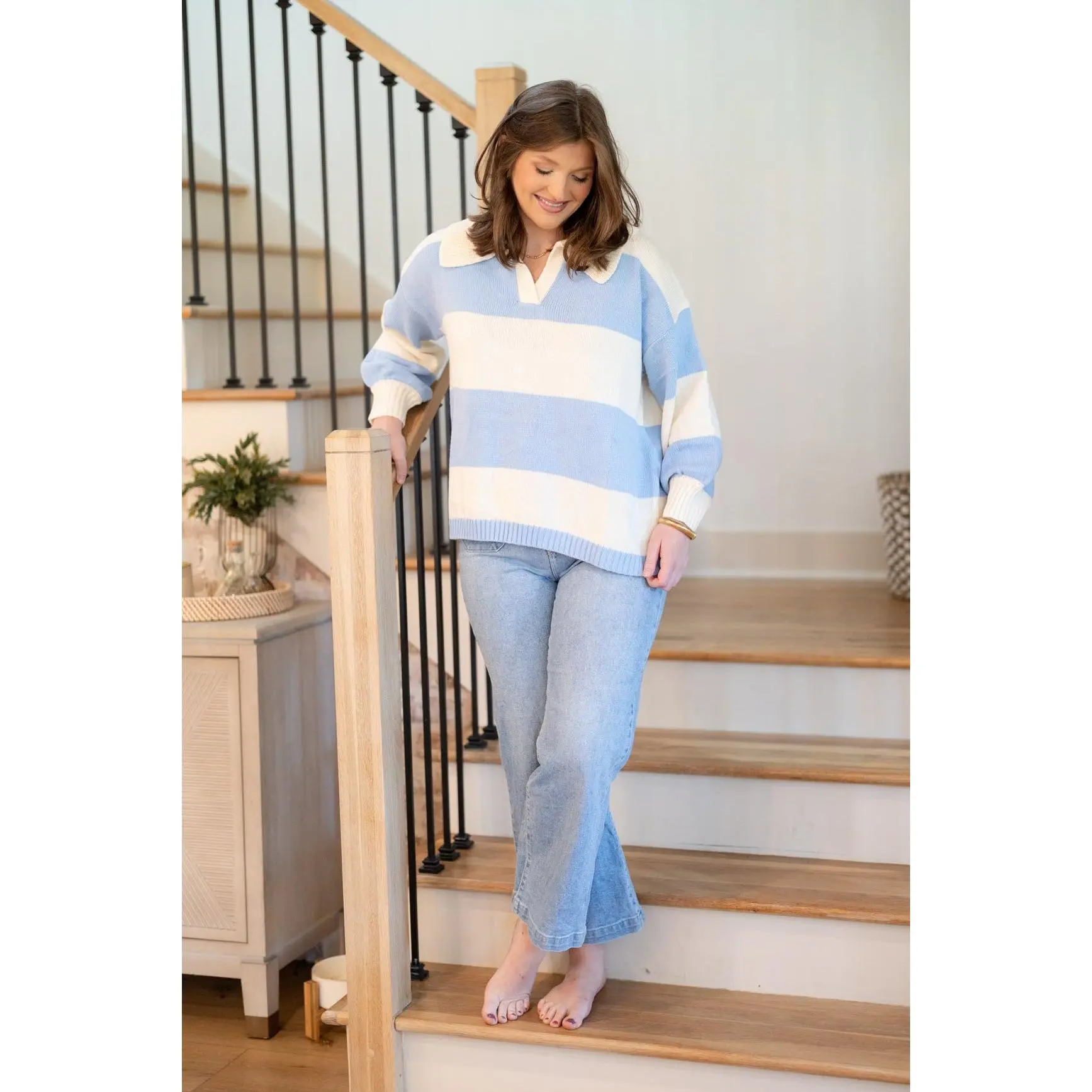 Cream and Blue Color Block Knit Sweater