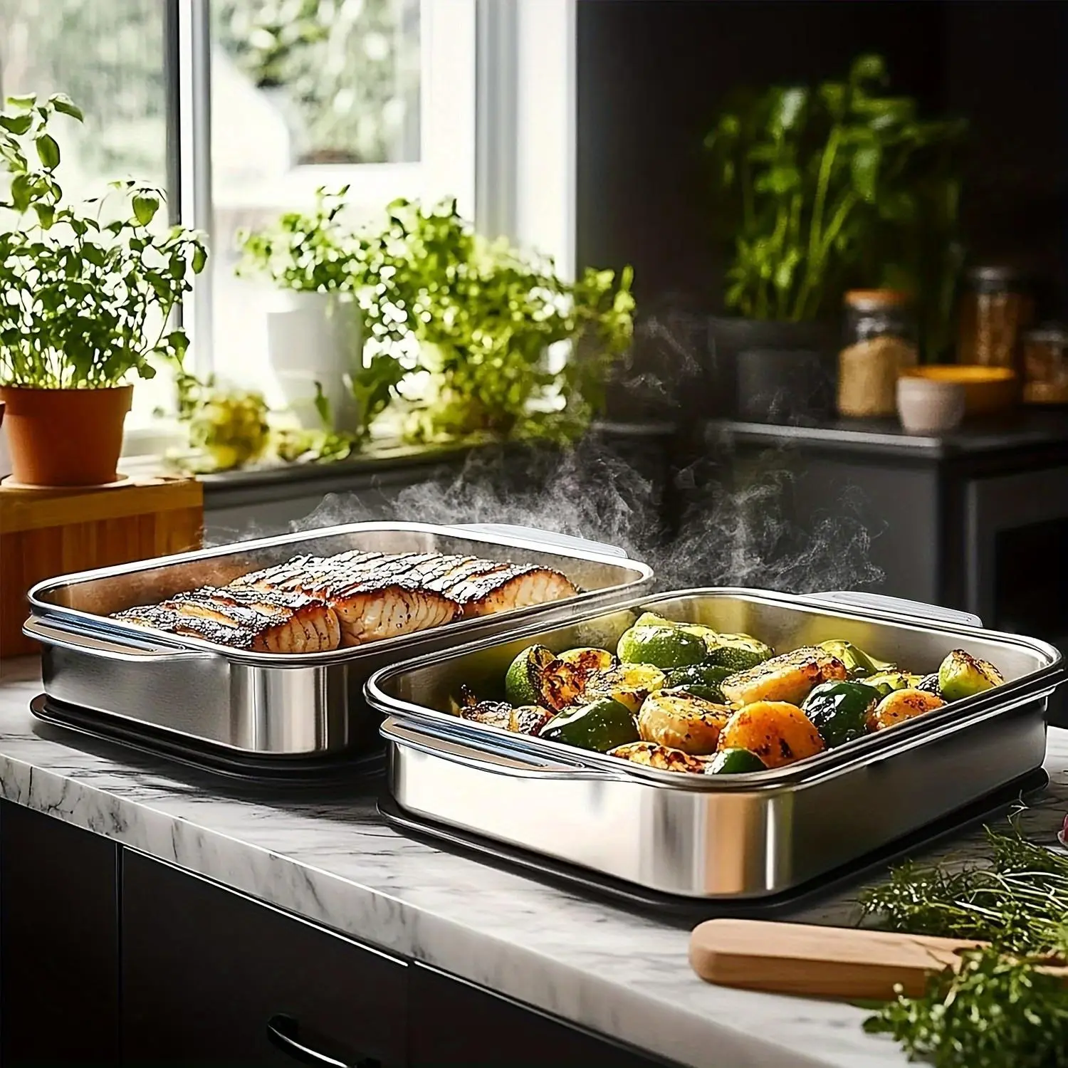 Set of 2 Extra Large Stainless Steel Baking Pans with Lids -Non-Stick Thick-Bottomed Rectangular Oven Trays forDesserts Bread and Seafood Perfect for Grilling and BuffetServing Spacious Design Non-Stick Surface Oven SafeBaking Pans Mother's Day Gift
