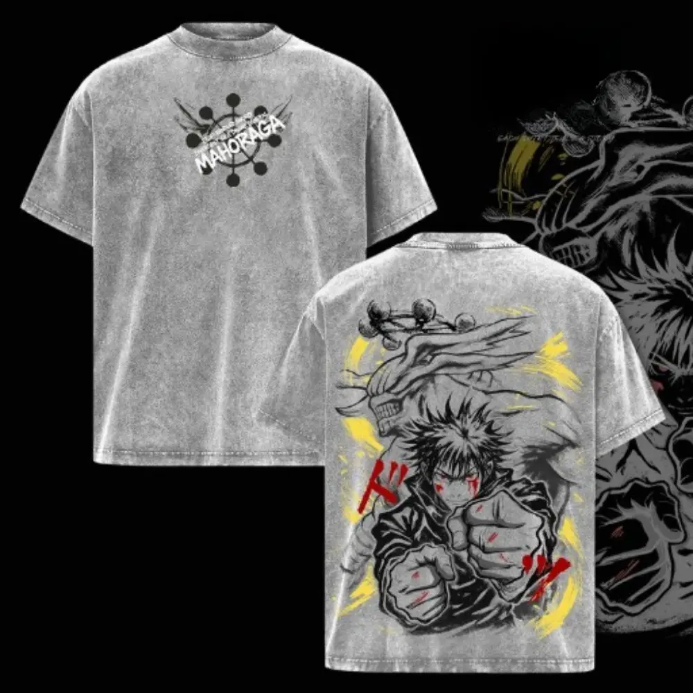 Men's Jujutsu Kaisen Megumi Fushiguro x Mahoraga Shortleeve T-Shirt - Vintage Washed, Oversize Fit, Round Neck, Loose-Fitting Graphic Tee, Culling Game Arc JJK Fashion, Soft Cotton Unisex Streetwear, JJK Fan Gift Merchandise, Shortsleeve, Apparel