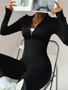Women's Fashion Sport Jacket, Stand Collar Design, Finger Gloves Included, Zippered Waist Hidden Curve, Yoga Running Fitness Casual Top