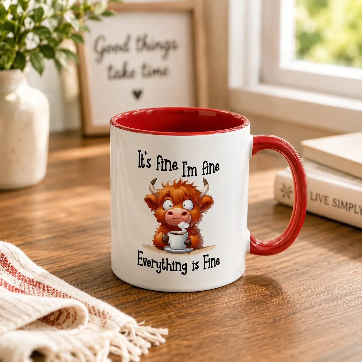 It's Fine I'm Fine Everything Is Fine Coffee Mug, Funny Highland Cow Mug, Coworker Mug, Office Coffee Cup