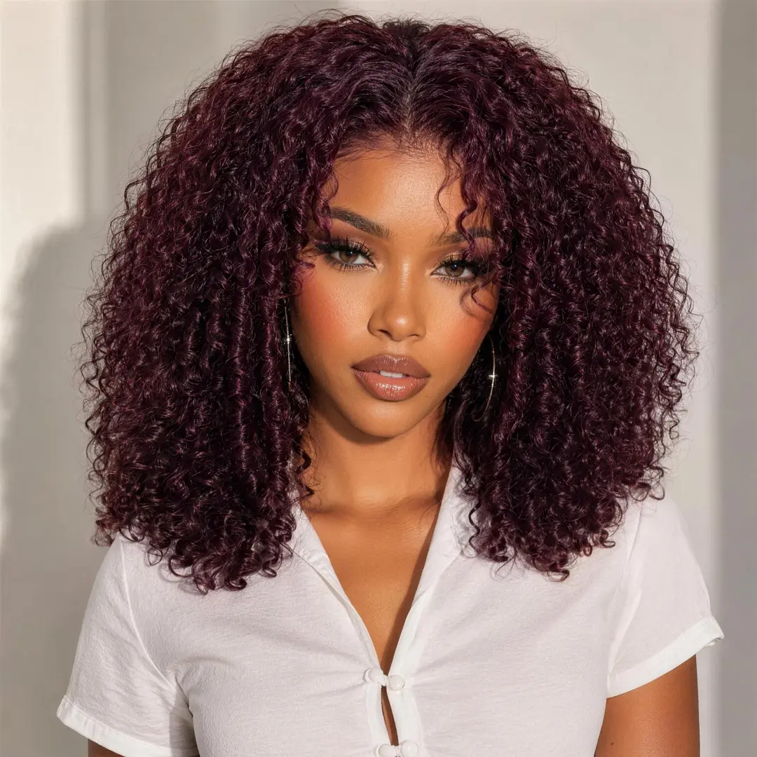 UNice 250% Black Cherry Fluffy  Kinky Curly Wig with Layer Finger Coil Ends Glueless 7x5 Lace Closure Human Hair Wigs 18 inch No Slip Natural Hairline for Beginners Summer Wig Super Brand Day Tiktokshopsummersale