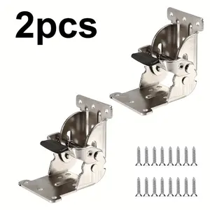 Heavy-Duty Folding Hinge Brackets Set, 0°-90°-180° Adjustable Locking Supports, Self-Locking Mechanism, Silver Color, Includes Screws