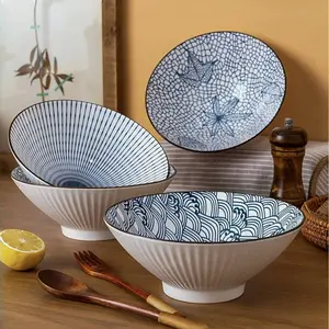 2/4pcs Japanese Ceramic Bowl Set, 8-Inch Oval Ramen Bowls, Microwave & Dishwasher Safe, Ideal for Noodles, Soup, Salad, Kitchen & Restaurant Use