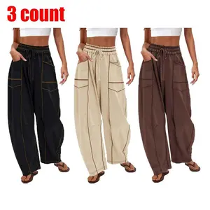 Women’s 3-Pack Barrel Sweatpants — High-Waisted Wide-Leg, Drawstring Athletic Loose Lounge Pants, Colorblock Soft Fabric, Comfortable Fit, True to Size, Fashionable Minimalist Design, with Pockets