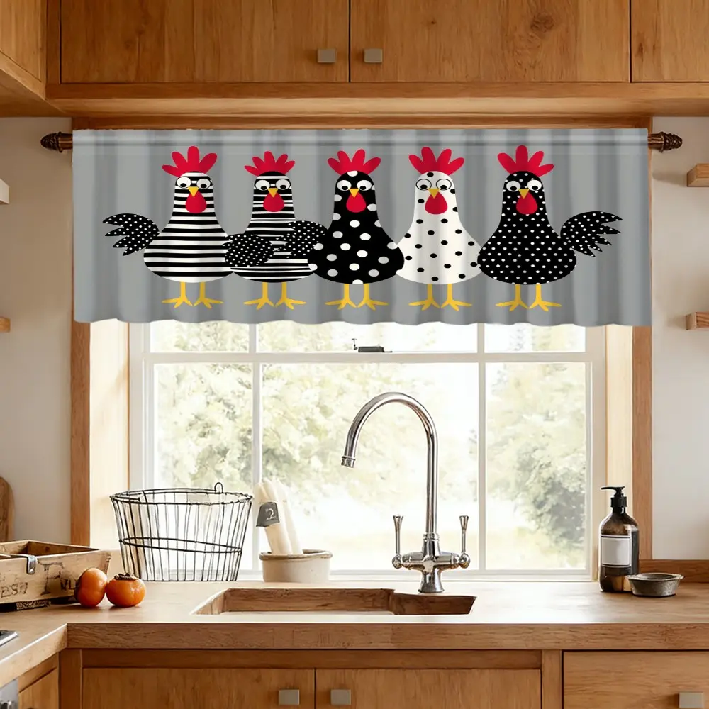 1pc Striped Chicken Pattern Kitchen Window Home Decorative Curtain, Fun Cartoon Farmhouse Style, Home Decoration Curtain, Living Room Decor Valance, Ideal for Home Lovers