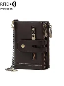 Men's Minimalist Casual Plain Zipper Card Wallet, Fashionable PU Leather Wallet with Chain Design, Casual Trendy Versatile High-quality Daily Wallet, Durable Fashion Wallet