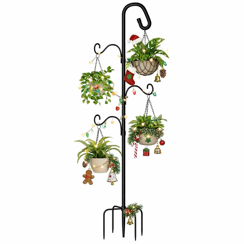 Bamworld Shepherds Crook Garden Hook, 61in Adjustable Height Heavy Duty Metal Stand with 5-Prong Base, Outdoor Garden Accessory for Bird Feeders, Plant Baskets, Backyard Use, Outdoor Garden Accessories
