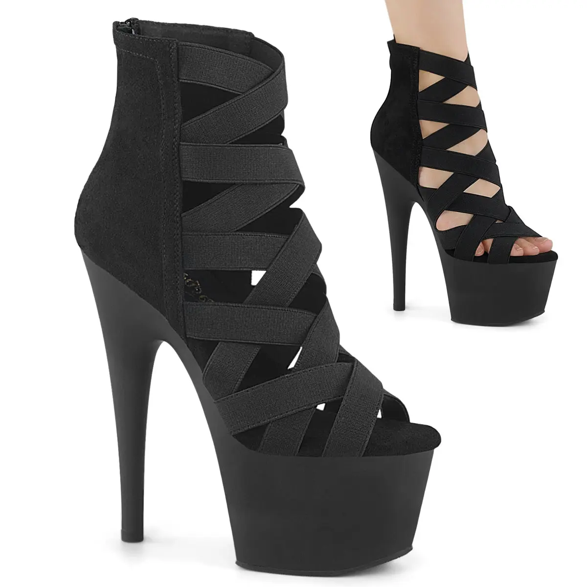 Women's Classy Lattice Platform Sandals, Cage Style Microfiber Booties with 7" Heel, Elastic Band & Zip Back Closure, Stylish Footwear, Statement Shoes, Night Out, Stiletto, High Heels, Party Nightclub Shoes, Heeled