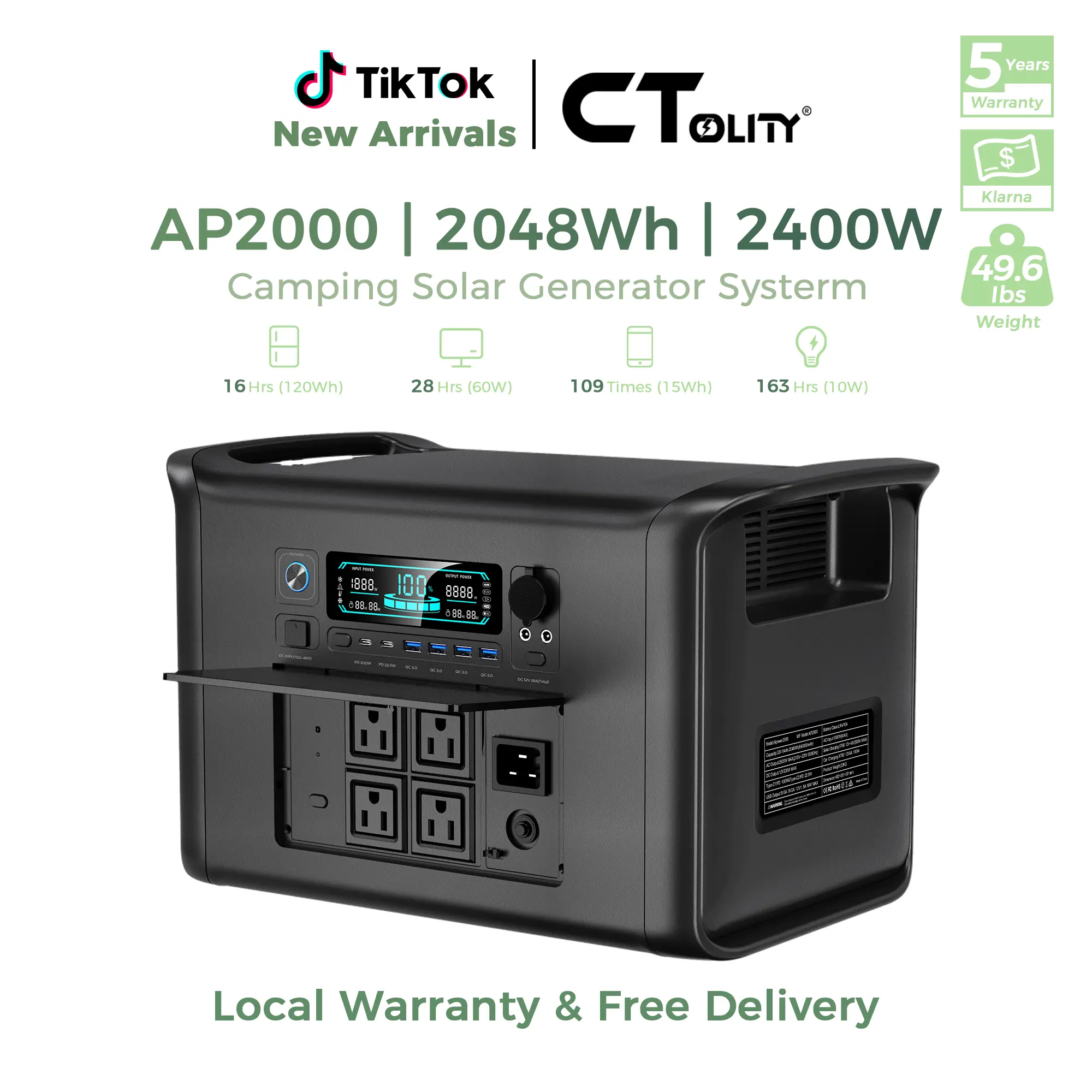 CTOLITY AP2000 2400W Portable Power Station 2048Wh Solar Generator - 2H Fast Recharge, 120V AC Outlet, Backup Power for Home Emergency & Camping, Fast Charger