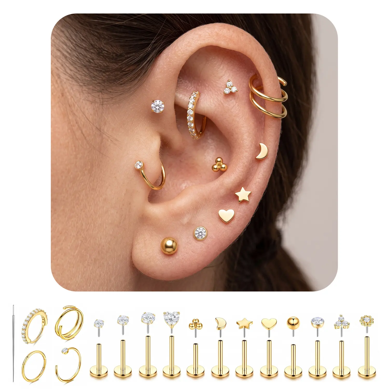 Flat Back Stud Earrings 14K Gold Plated Internally Threaded CZ Stud Piercing Jewelry for Tragus Helix Cartilage Conch Nose Hypoallergenic Lip Labret Medusa Piercing