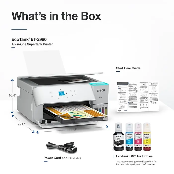 Epson EcoTank ET-2980 All-in-One Supertank Printer with EcoTank 502 Ink Bottles and Power Cord