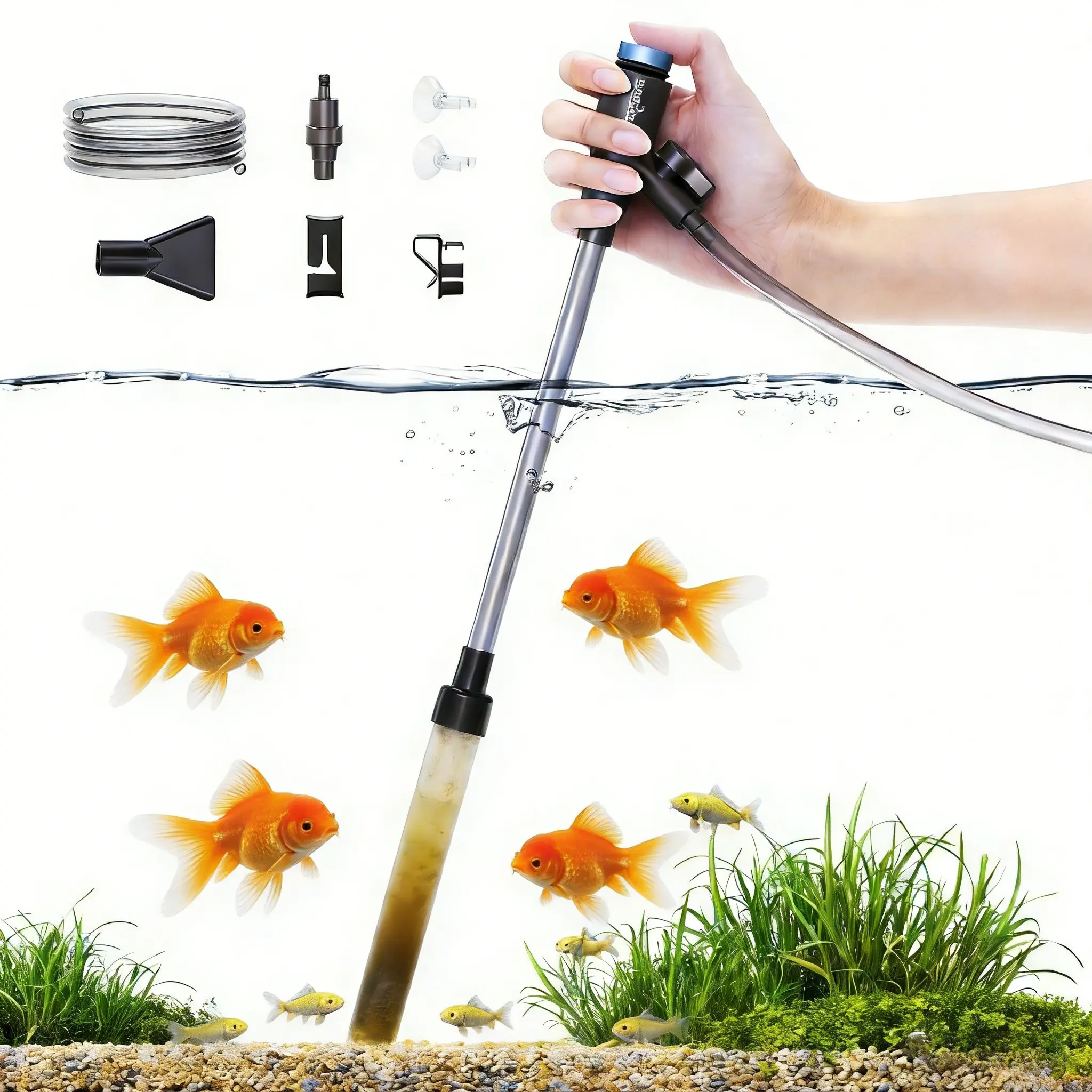 SEAOURA Mini Manual Aquarium Gravel Vacuum Cleaner 4-in-1 Kit, Adjustable Siphon Pump, Filter Basket Net for 10-gal & Under Small Fish Tanks, Betta Fish Tanks, No Electricity Needed, Easy Auto-Siphon Water Circulation, Fish Tank, Betta Fish Tank