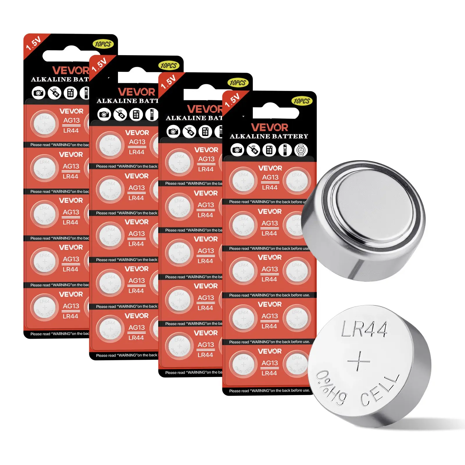 【Summerfinds】VEVOR LR44 Alkaline Lithium Button Cell Batteries - Fathersday Gift, Sealed 40pcs (10 Packs of 4), 1.5V Non-Mercury 153mAh Coin Cells (0.45x0.21 Inch), Compatible with AG13/357/303/SR44, for Digital Remote Controls, Heart Rate Monitors, 0.45X